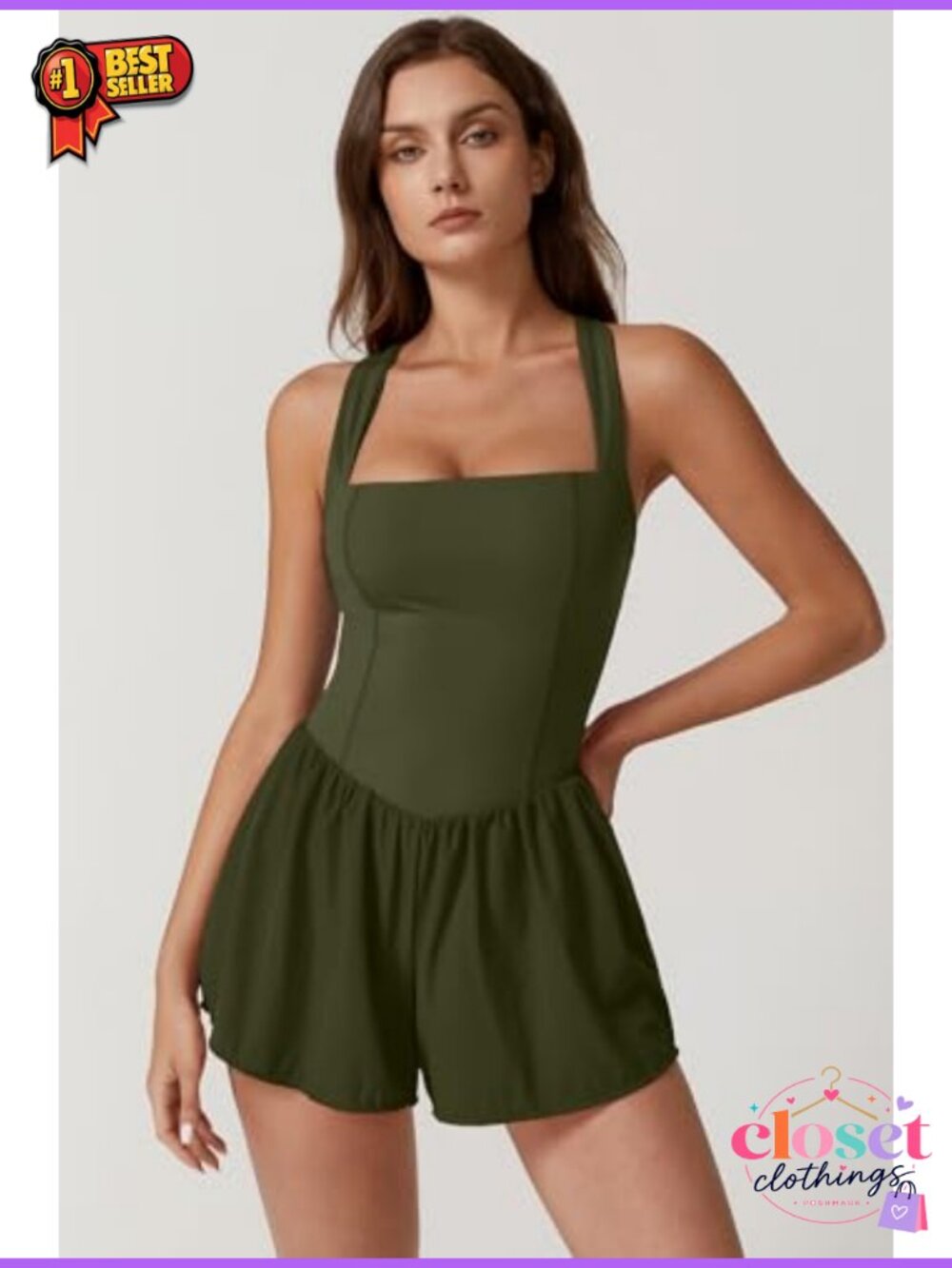 Square Neck Sleeveless Romper Jumpsuit with Pockets